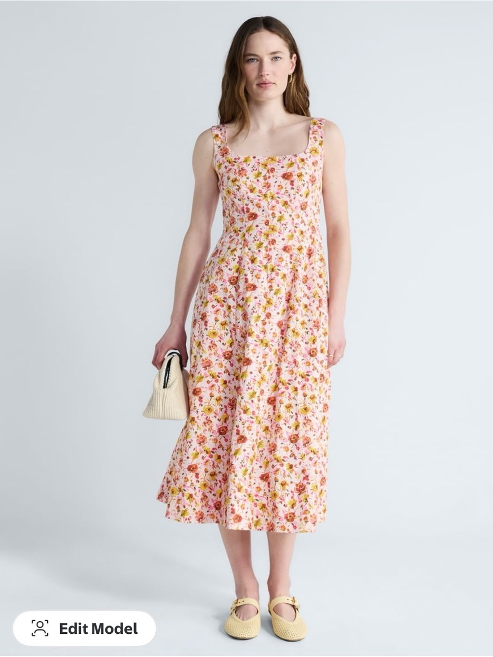 Floral Square-Neck Midi Dress in Pink